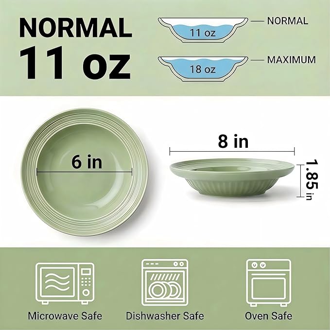 Wide Rim Soup Bowls, 11oz Small Capacity Rimmed Pasta Bowls Set of 4, 8 Inch Ceramic Salad Bowl, Shallow Plates, Elegant Dinner Cereal Serving - Microwave Dishwasher Oven Safe - Green
