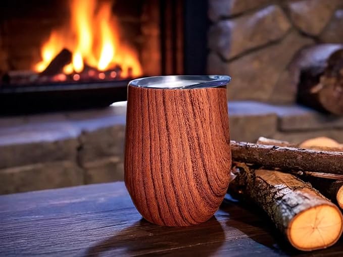 CHILLOUT LIFE 12 oz Stainless Steel Wine Tumblers 2 Pack - Double Wall Vacuum Insulated Wine Glasses Cups with Lids and Straws Set Keeping Cold & Hot for Coffee, Beer, Ice Cream - Wood Pattern