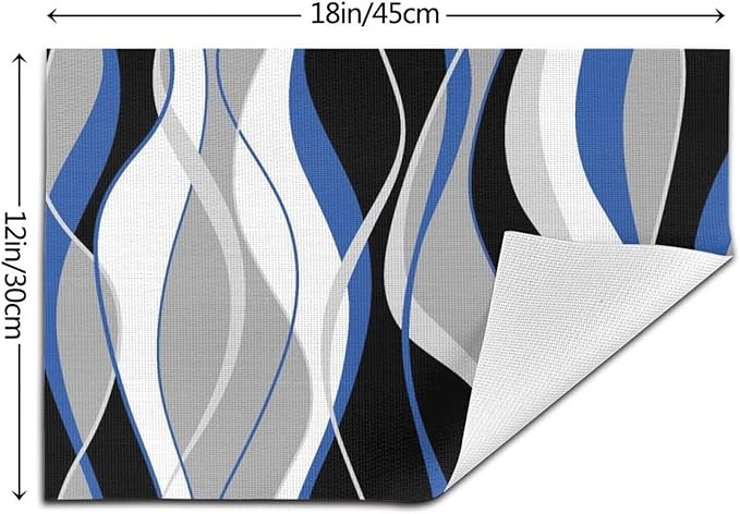 Placemats Set of 6 Black and Blue Place Mats White Grey Striped Modern Abstract Woven Table Mats Washable PVC Placemat for Dining Kitchen Decor Indoor Outdoor, 12 x 18 Inch