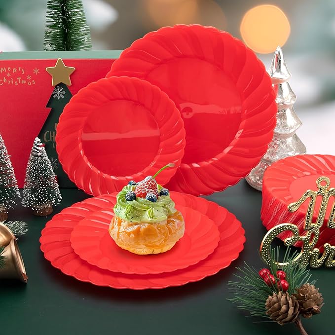 U-QE 100Pcs Red Plastic Plates - Red Scalloped Plastic Plates for Party - Heavy Duty Plate Disposable Include 50 6 '' Dessert Plate, 50 9 '' Dinner Plate Suite for All Occasions