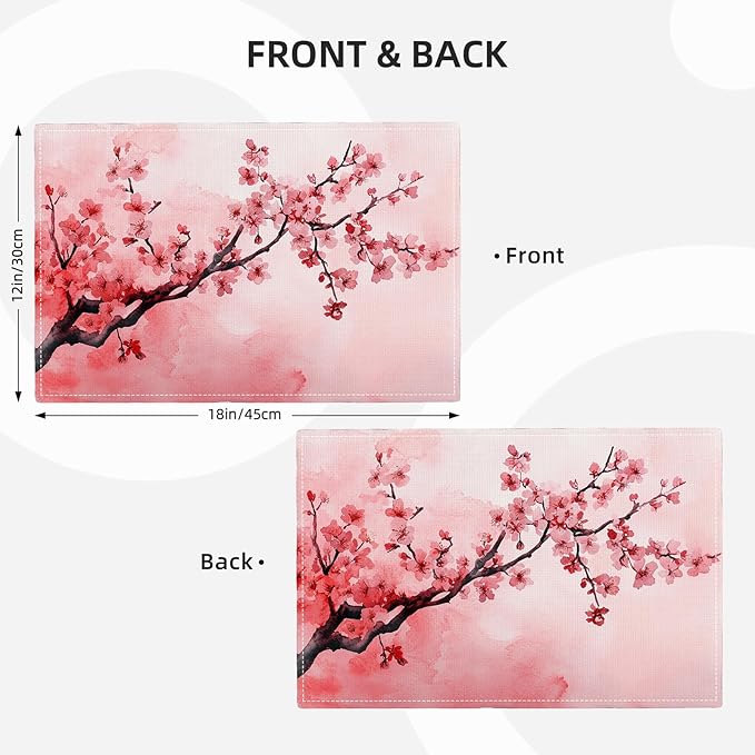 Japanese Cherry Blossom Placemats Set of 4, Pink Sakura Floral Place Mats, Flower Waterproof Washable Table Mats for Home Party Indoor Kitchen Dining Table Decoration 12x18 Inch