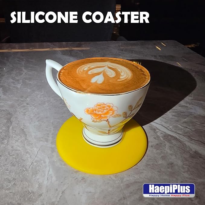 6 Pieces Silicone Coasters, Round Shape Hot Cup Mat for Drinks, Heat Resistant Glass Cushion, Coffee Coaster for Table, Desk, Kitchen, Office, Bar Protection (Yellow)