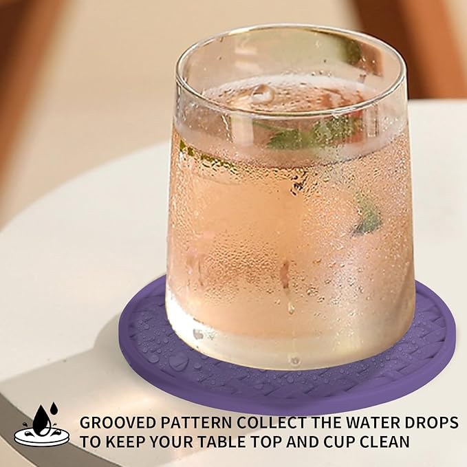 Purple Silicone Coasters with Holder, 4 Inches Non-Slip Decorative Cup Mats for Drinks, Heat Resistant & Waterproof Round Coaster Set of 6 for Home, Office, Kitchen, Bar Table