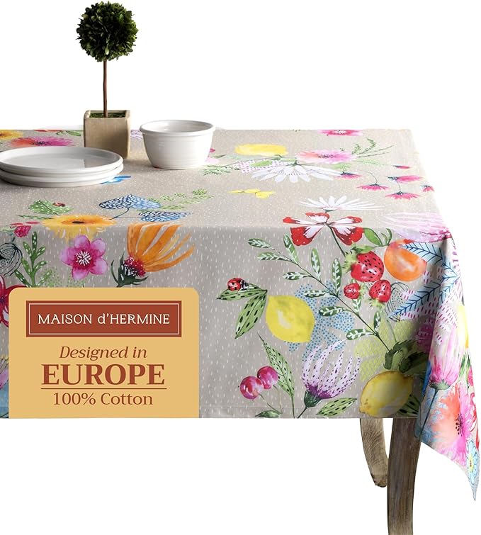 Maison d' Hermine Table Cloth Rectangle Table 100% Cotton 54 x 72 Inches Tablecloth Reusable Decorative for Dining Room Farmhouse Home Valentines Day Decorations Spring Summer - Jardin D'Ete - Fog