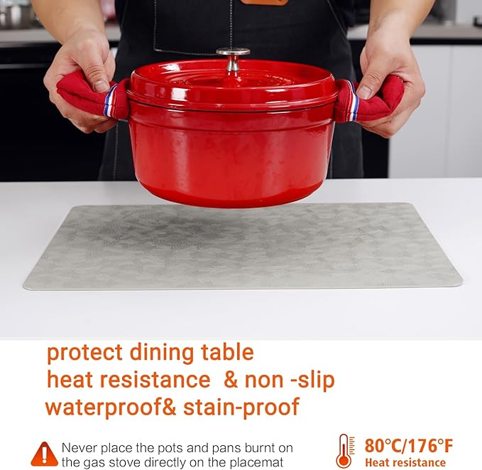 Vinyl Placemats Set of 8 Heat Resistant Easy Clean Non-Slip Place Mats for Dining Table Faux Leather Waterproof Stain Resistant Wipeable Washable PVC Table Mats(8, Light Gray)