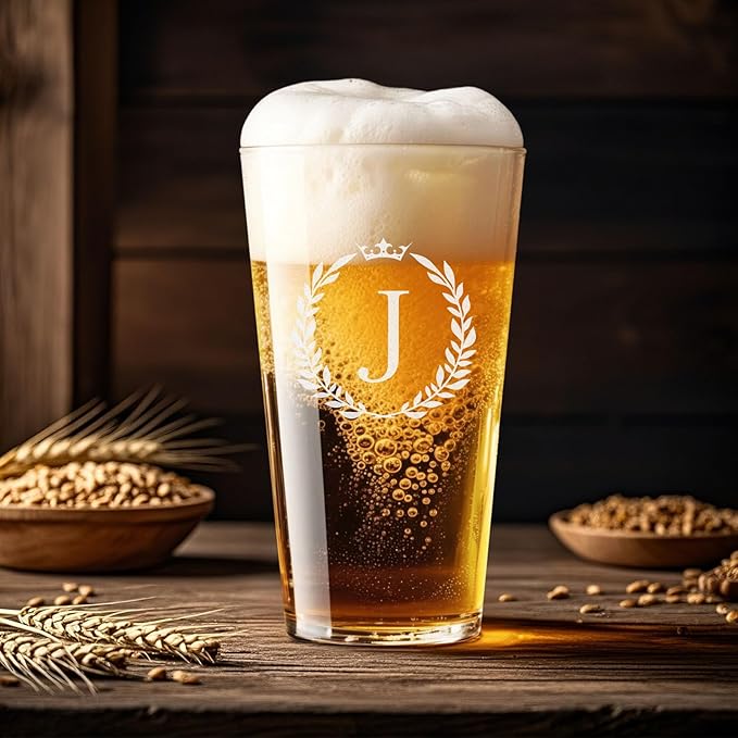 Personalized Beer Glasses Gifts for Men, 16 oz Pint Glasses Monogrammed A-Z Drinking Glass Cups Customized Gift, Unique Christmas Anniversary Birthday Gifts for Men Him Dad Brother Husband Grandpa (J)