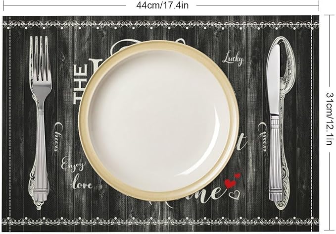 Vintage Farmhouse Placemat Set, Minimal Black White Rural Plank Art Sketch Cutlery Knife Fork Inspirational Quotes Pattern Home Decor Linen Table Mats for Dining Room Kitchen Party (17x12in) x2P