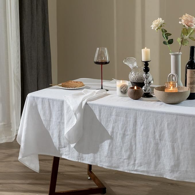 Talasily Linen Tablecloth 100% Pure Linen Table Cloth 60x84 Inches Rectangle Tablecloths Washable Cloths for Kitchen, Dining, Buffet Parties, Holidays, Picnic, Weddings and Restaurants-White