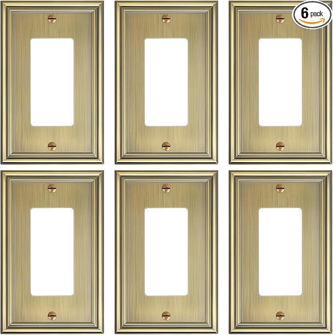 6-Pack Decorator Outlet Cover Plate, Antique Brass Decorative Switch Plates and Outlet Covers, Durable Zinc Alloy Wall Plates for Electrical Outlets, Receptacle, GFCI Outlet, Dimmer Switch