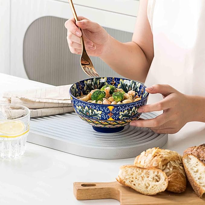 Henten Home Ceramic Soup Bowls Set of 4, Bohemia 22 oz Cereal Bowls Set, Porcelain Serving Bowls for Dinner, Salad, Pasta, Fruit, Decorative, Microwave & Dishwasher Safe