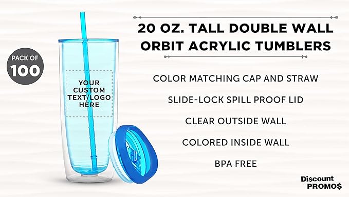 Custom Tall Orbit Acrylic Tumblers 20 oz. Set of 100, Personalized Bulk Pack - Perfect for Iced Coffee, Soda, Other Hot & Cold Beverages - Blue