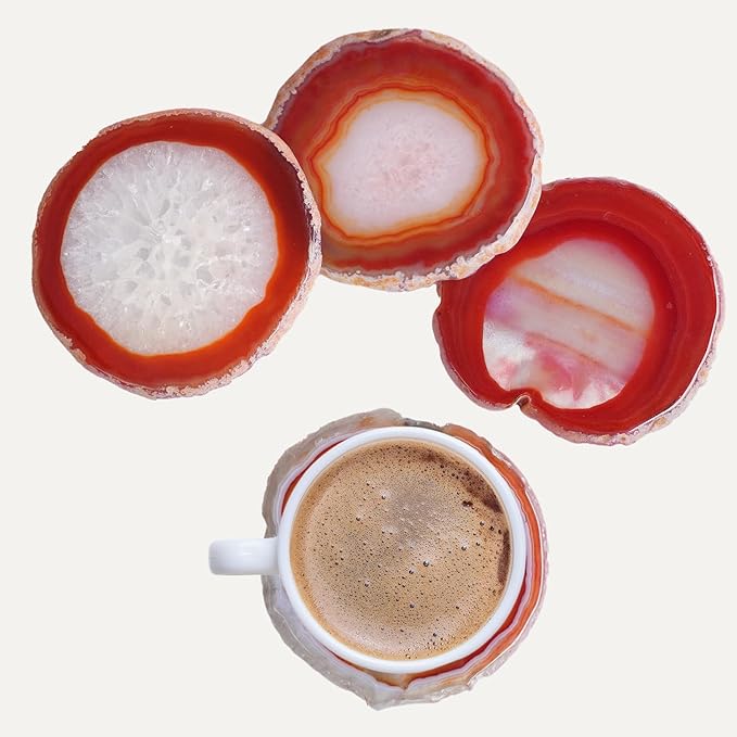Natural Agate Coasters Set of 4 - Dyed Orange Red Irregular Circle Stone Drink Coasters with Rubber 3-4" Unique Home Decor for Coffee Table Wedding Creative Cards