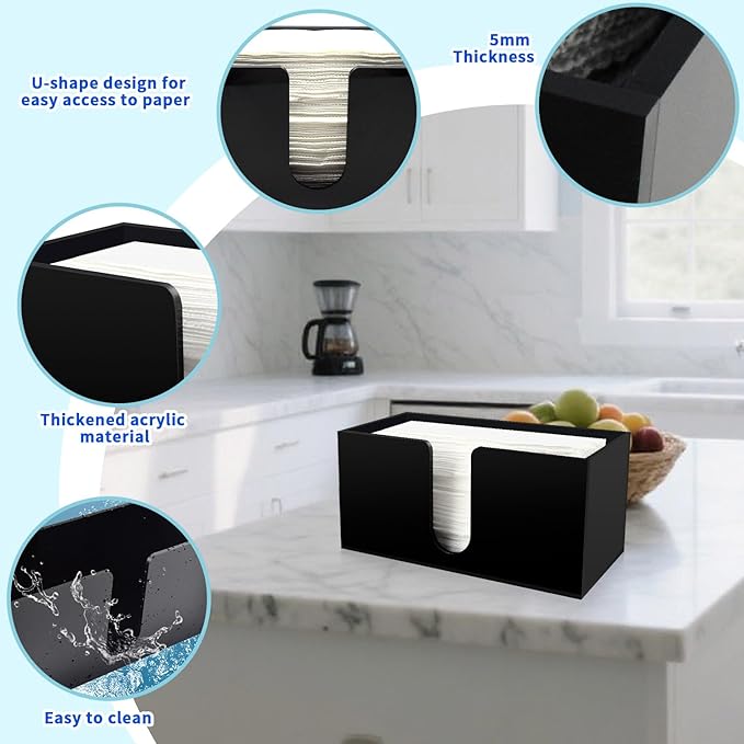 Paper Towel Holder for Countertop, Black Acrylic Napkin Dispenser – Fits Multifold, C-Fold & Z-Fold Trifold Towels, Durable 5mm Thick for Bathroom, Kitchen, Restaurant & Toilet(2pcs)