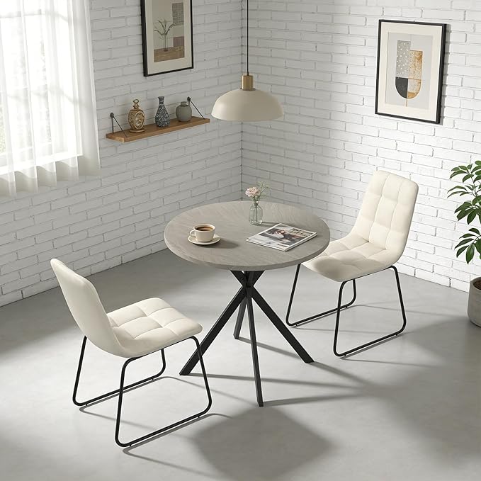 31.5" Round Dining Table Chairs Set for 2, Small Dining Table Chairs Set Space-Saving, Small Dinette Sets for 2 for Kitchen Dining Room Apartment(Gray Table + Beige Chairs)