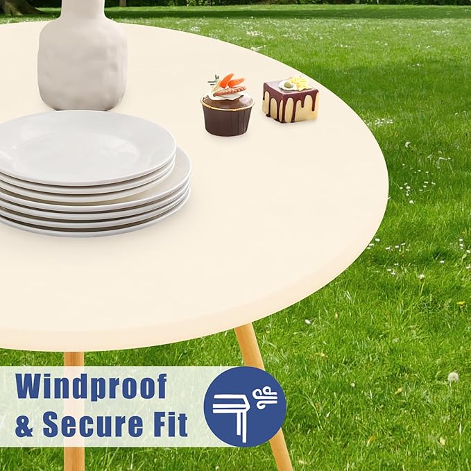 Round Spandex Tablecloth, Elastic Fitted Waterproof Tablecloths for 25"-30" Tables, Stretch Washable Picnic Table Cover for Camping, Dining, Indoor and Outdoor, Beige