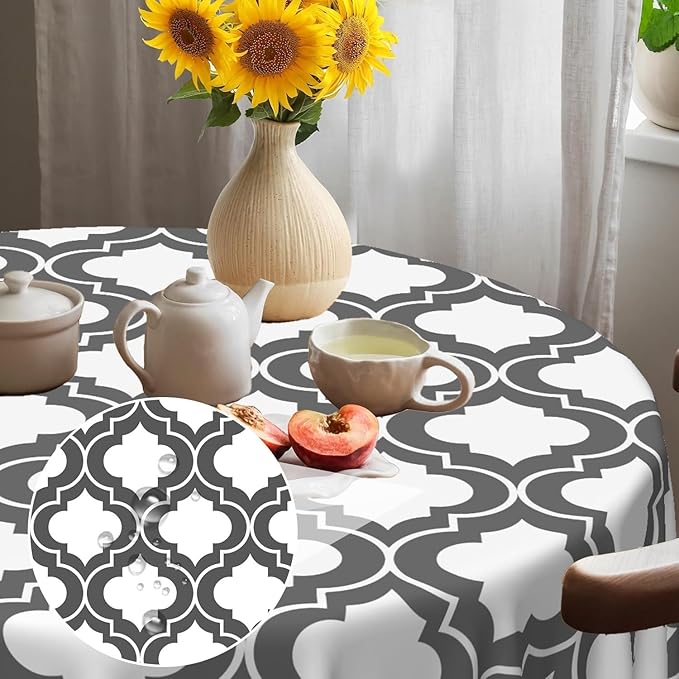 Laeacco 70 Inch Morocco Round Tablecloth Grey White Geometric Lattice Modern Abstract Art Print Table Cloth Washable Waterproof Wrinkle Free Table Cover for Kitchen Dining Picnic Party Decoration