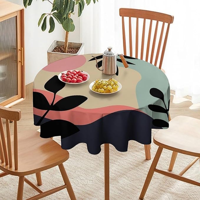 Medieval Bohemian Abstract Round Tablecloth, Mid Century Modern Leaves Geometric Tablecloth for Home Party Dining Room Kitchen Decor 60Inch(152cm)