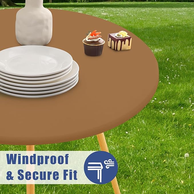 Round Spandex Tablecloth, Elastic Fitted Waterproof Tablecloths for 25"-30" Tables, Stretch Washable Picnic Table Cover for Camping, Dining, Indoor and Outdoor,Brown