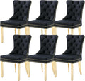 KCC Velvet Dining Chairs Set of 6, Upholstered High-end Tufted Dining Chair with Nailhead Back Ring Pull Trim Stainless Steel Legs, Contemporary Nikki Collection Modern Style for Kitchen, Black