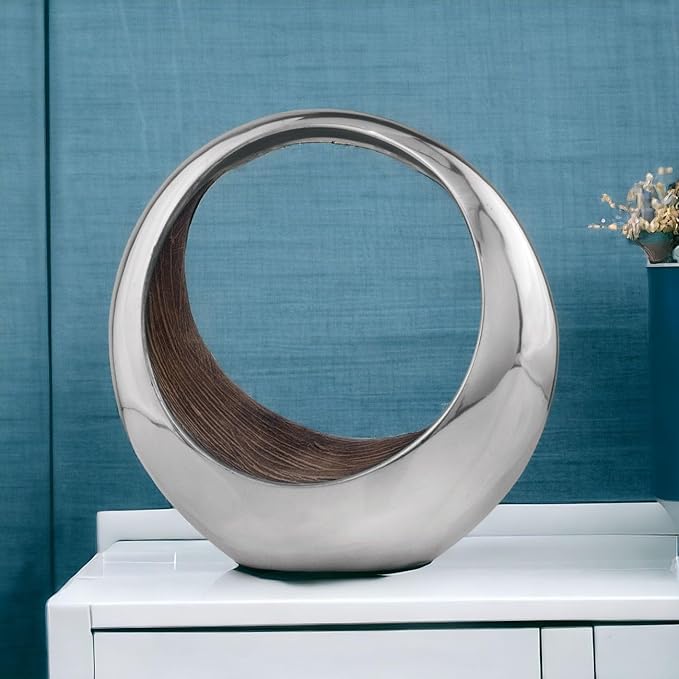 Modern Day Accents 3502 Small Anillo 2-Tone Decorative, Aluminum, Tabletop, Accents, House Decor, Bowl, Modern, Engagement Wedding Trays, Ring Display Stand, Key Holder 11"L x 7"W x 11"H, Brown Silver