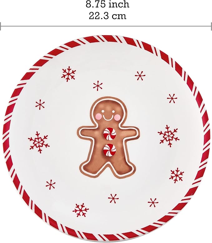 Bico Traditional Christmas Gingerbread Man Salad Plates Set of 4, 8.75 Inch Ceramic Dessert Plates for Salad, Appetizer, Side Dishes, Microwave and Dishwasher Safe, Gift for Housewarming and Christmas