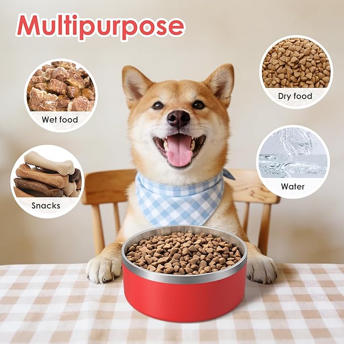 IKITCHEN Dog Bowl for Food and Water, 40 Oz Stainless Steel Pet Feeding Bowl, Durable Non-Skid Double Wall Insulated Heavy Duty with Rubber Bottom for Medium Large Dogs (40 Ounces/5 Cup, Red)