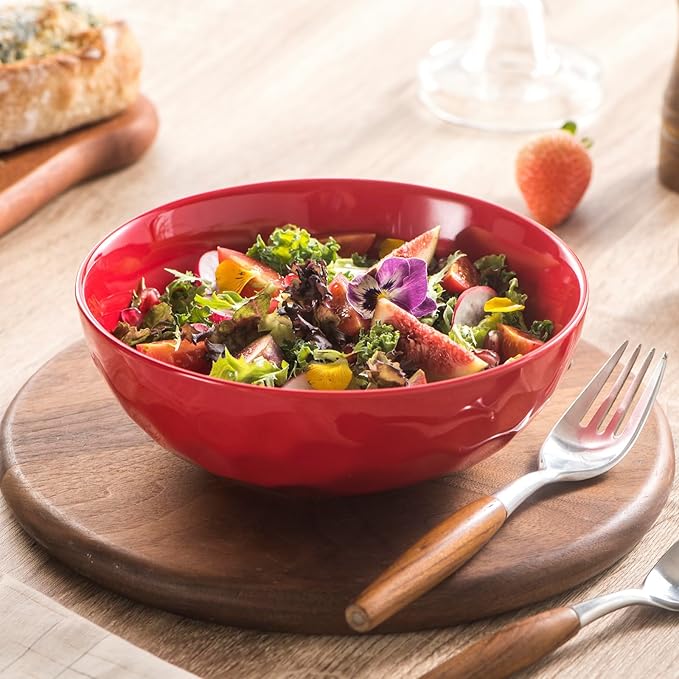 vicrays Ceramic Salad Bowls Set for Kitchen, Serving - 32 Ounce Soup Bowls, Pasta Bowls, Chip Resistant, Dishwasher Microwave Safe, Large, Fluted, stoneware, Set of 6 Red