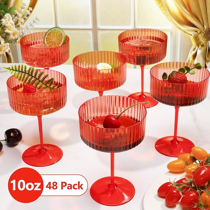 48 Pcs Ribbed Martini Glasses 10 oz Disposable Plastic Vintage Ribbed Coupe Glasses Unbreakable Dessert Parfait Glassware for Wedding Birthday Party Supplies (Red)