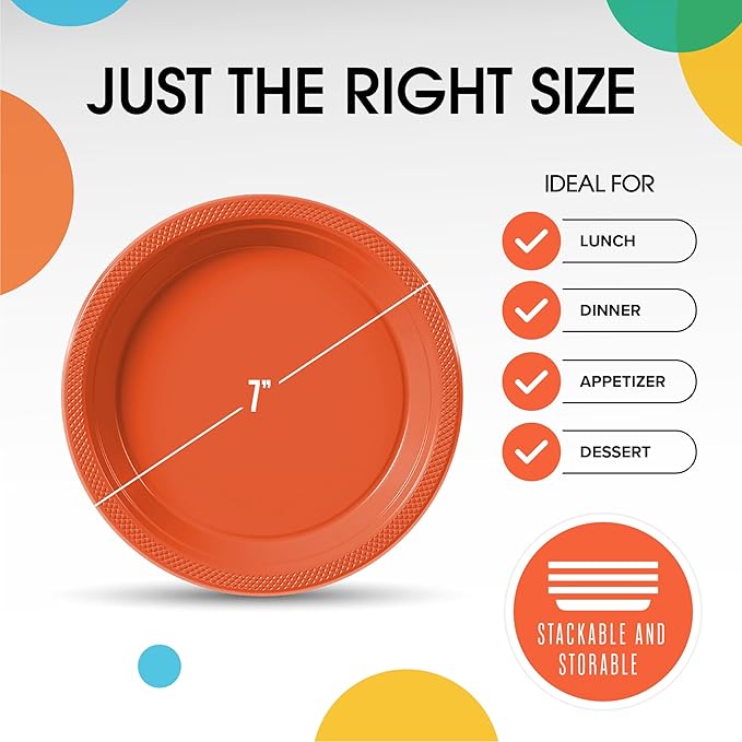 Orange Plastic Plates For Party 7" Orange Disposable Plates Heavy Duty 100 Pcs Plastic Dinnerware Sets Heavy Duty 350 GSM Disposable Dinnerware Set