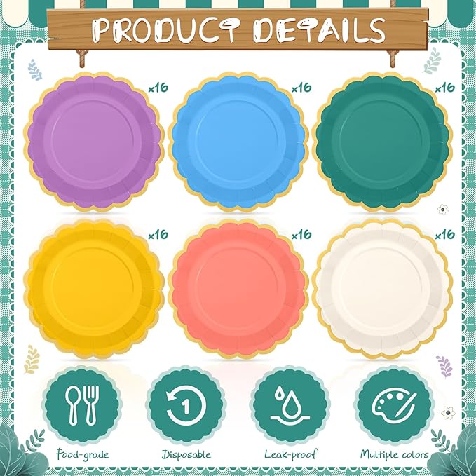 96 Pcs Boho Rainbow Paper Plates 9 Inch Colorful Scalloped Paper Plates Disposable Dinner Dessert for Birthday Wedding Bridal Party Supplies, 6 Colors