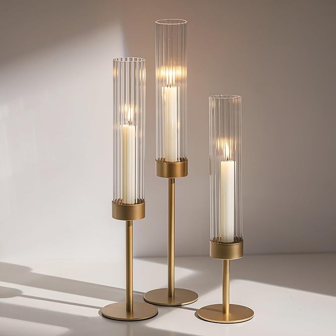 Gold Hurricane Taper Candle Holders: Glasseam 3Pcs Brass Candlestick Holders with Ribbed Glass Cylinder Cover Fluted Tall Candle Sticks Holder Decor for Table Centerpiece Wedding Christmas Decorations