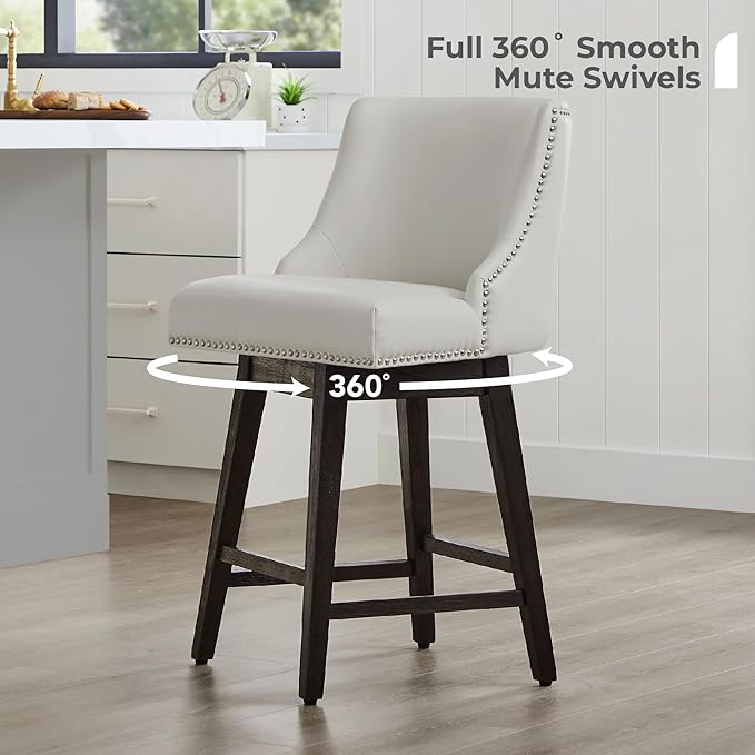 CHITA Counter Height Swivel Bar Stools, FSC Certified Upholstered Counter Stools, Modern Swivel Barstools with Wood Legs for Kitchen Island, 26" Seat Height, Faux Leather in Creamy Grey