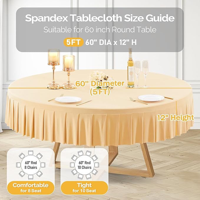 1 Pack Champagne Spandex Round Tablecloths for 60 inch Table, Stretchy Fitted 5FT Round Table Cloths,Wrinkle Free Table Cover with Skirt for Wedding Party Dining Banquet