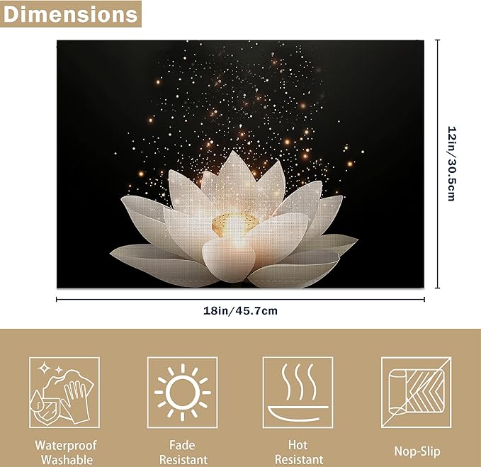 Placemats Set of 6 Lotus Flower Place Mats Washable Kitchen Dining Linen Table Mats Stain Heat, for Home Party Indoor 12x18 in
