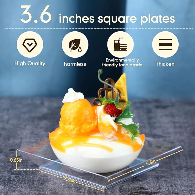 Zhehao 50 Pcs Plastic Dessert Appetizer Plates Disposable, 3.6 x 3.6 Inch Small Square Plastic Dessert Cake Plate for Party, Valentine's Day Wedding Birthday Bridal Baby Shower Supplies (Clear)