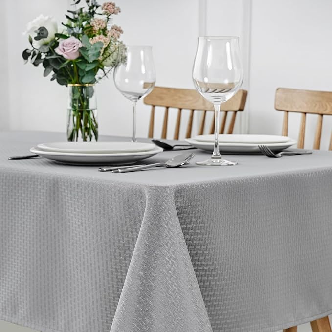 maxmill Weaved Texture Tablecloth Water Resistance Antiwrinkle Spillproof Soft Washable Table Cloth for Dining Room, Buffet Banquet Parties Holiday Dinner, Rectangular 70 x 108 Inch, Light Grey