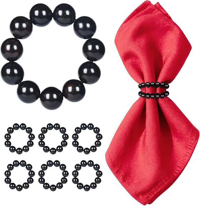Napkin Rings Set of 12，Farmhouse Stretchable Wooden Bead Reusable Cloth Napkin Holders for Wedding, Christmas, Graduation & Dinner Parties Black Napkin Ring (12)