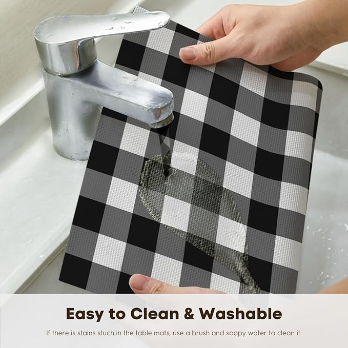 Artoid Mode Buffalo Plaid Vinyl Placemats Set of 4, 12x18 Inch Washable Non-Slip Heat Resistant Plastic Place Mats for Party Dining Table, Black/White