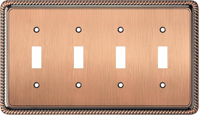 Henne Bery Rope Edge Decorative Wall Plate Switch Plate Outlet Cover (Quad Toggle, Antique Copper)