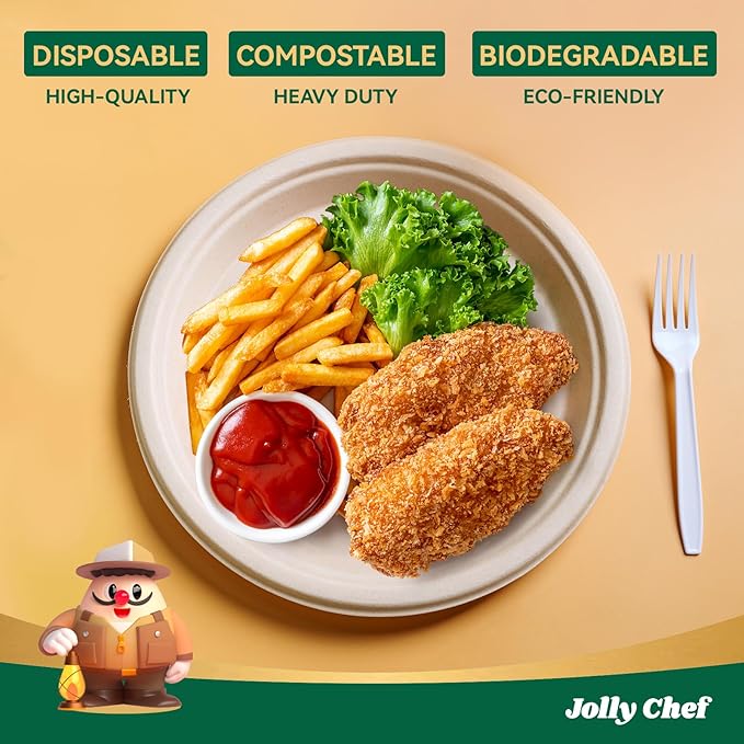JOLLY CHEF Compostable Heavy Duty Plates 𝟭𝟬 𝗜𝗻𝗰𝗵 [𝟭𝟬𝟬 𝗣𝗮𝗰𝗸] Eco-Friendly Disposable Natural Paper Plate Bagasse Biodegradable Food Trays for Party Dinner Hot Cold Food Christmas (Brown)