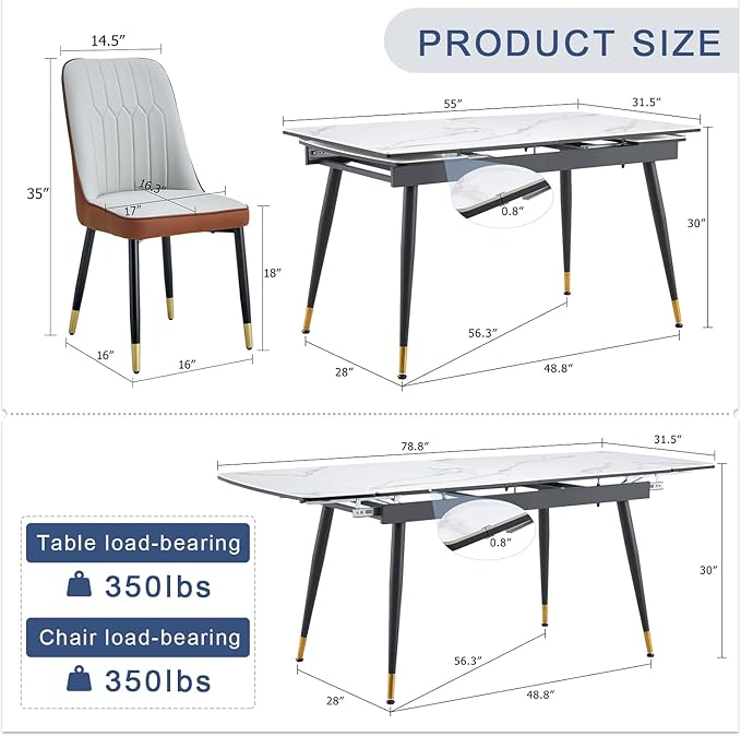 Extendable Dining Table Set for 6, 55'' to 78.8'' Rectangular Thickened Sintered Stone Kitchen Table with 6 Upholstered Chairs, Modern Space Saving 7-Piece Dinner Table Set