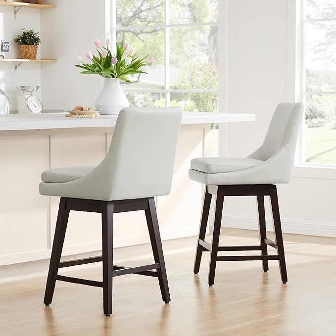 CHITA Counter Height Swivel Bar Stools with Back Set of 2, FSC Certified Upholstered Faux Leather Swivel Barstool, 26.8" H Seat Height, PU Leather in Creamy Gray