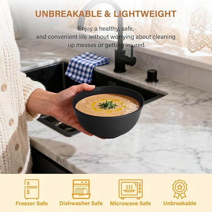 Homienly Cereal Bowl Set, Wheat Straw Bowls for Kitchen, Unbreakable Lightweight Bowl Set of 8, Microwave and Dishwasher Safe Bowls, Reusable Bowl for Serving, Cereal, Snack,Fruit(Black, 26 OZ)