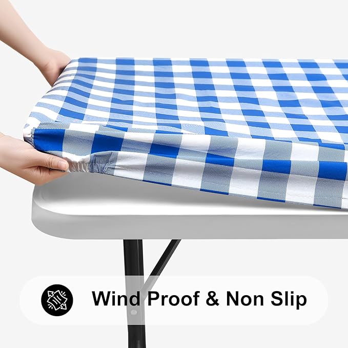Smiry Rectangle Picnic Table Cloth, Elastic Waterproof Fitted Vinyl Tablecloths, Flannel Backed Buffalo Plaid Table Covers for Dining, Camping, Outdoor (White and Blue, 30" x 60")