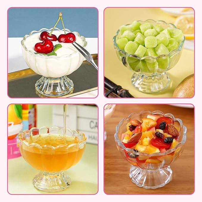 5oz Vintage Glass Dessert Bowls Set of 2, Heavy Base Ice Cream Cups for Sundae, Fruit, Pudding, Snacks & Condiments