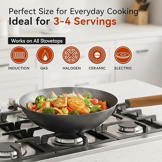 WANGYUANJI Carbon Steel Wok Pan with Lid, 12.6" Hammered Stir Fry Pan, Thickened Heavy Duty Flat Bottom Wok for Electric, Induction & Gas Stoves, Detachable Wood Handle, No Chemical Coating (Black)
