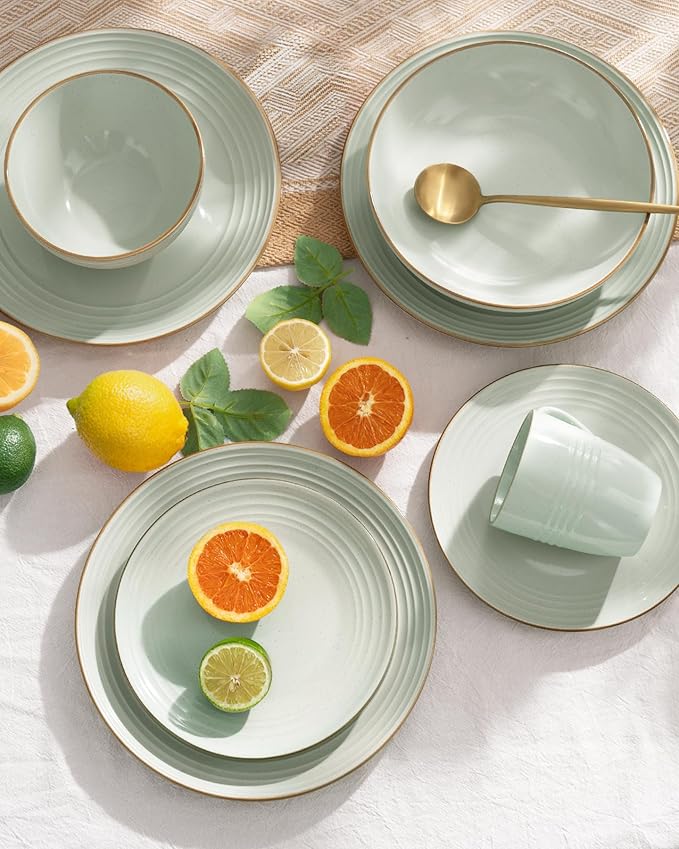 Famiware Jupiter Dinnerware Set with Pasta Bowl, Plates and Double Bowls Dish Sets for 4 (16 Pieces), Microwave and Dishwasher Safe Stoneware Tableware, Chip and Scratch Resistant, Light Green