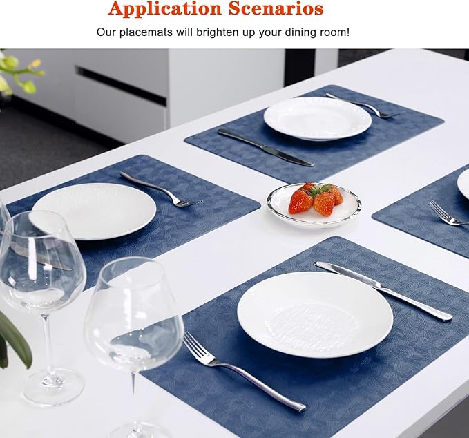 Vinyl Placemats Set of 4 Heat Resistant Easy Clean Non-Slip Place Mats for Dining Table Faux Leather Waterproof Stain Resistant Wipeable Washable PVC Table Mats(4, Blue)