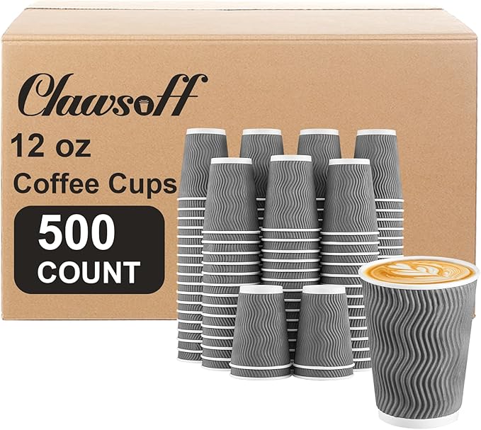 500 Pack 12 oz Coffee Cups, Disposable Corrugated Insulated Ripple Wall Paper Coffee Cups 12oz for Hot or Cold Drinks Office Home Cafe Party Travel (Grey)