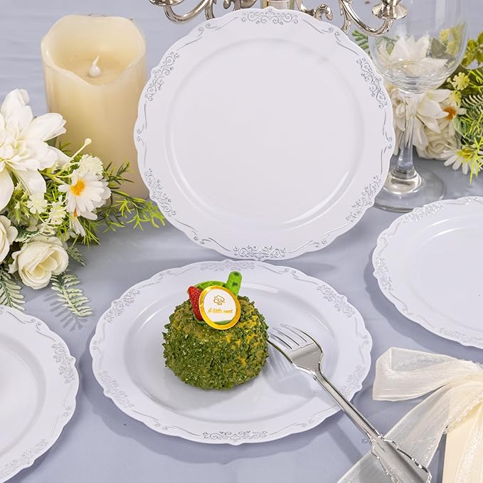 DaYammi 60PCS White and Silver Plastic Plates, Heavy Duty White and Silver Disposable Plates Premium 7.5inch White Dessert Cake Salad Appetizer Platos Hard Plastic Platos Disposable for Party Wedding